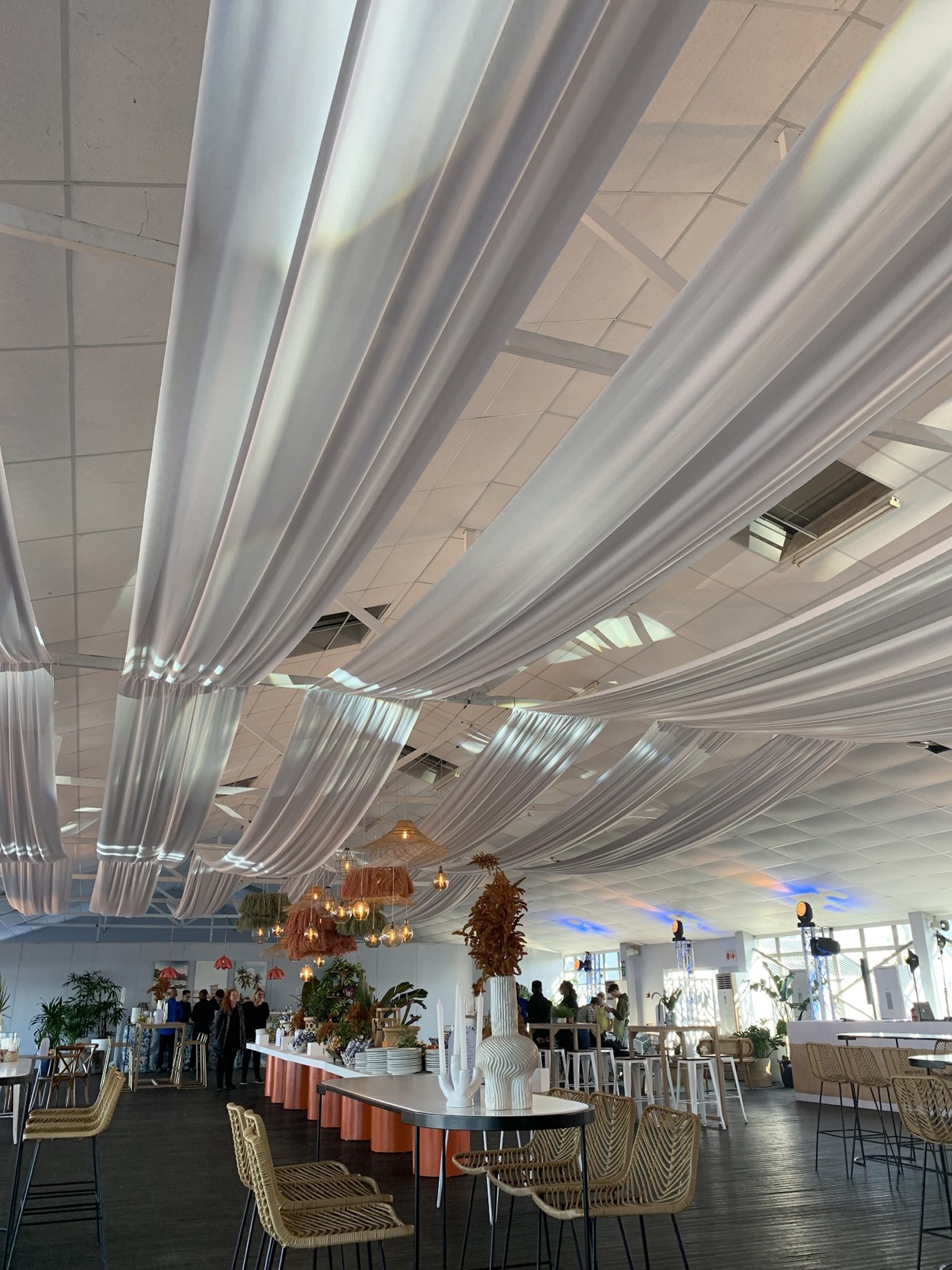 white ceiling strip draping by Events Draping for gala evening at The Lookout, V&A Waterfront