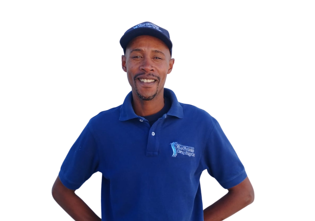 Patrick Ludwele, Draping Specialist at The Events Draping Co., known for his expertise and dedication to high-quality draping.