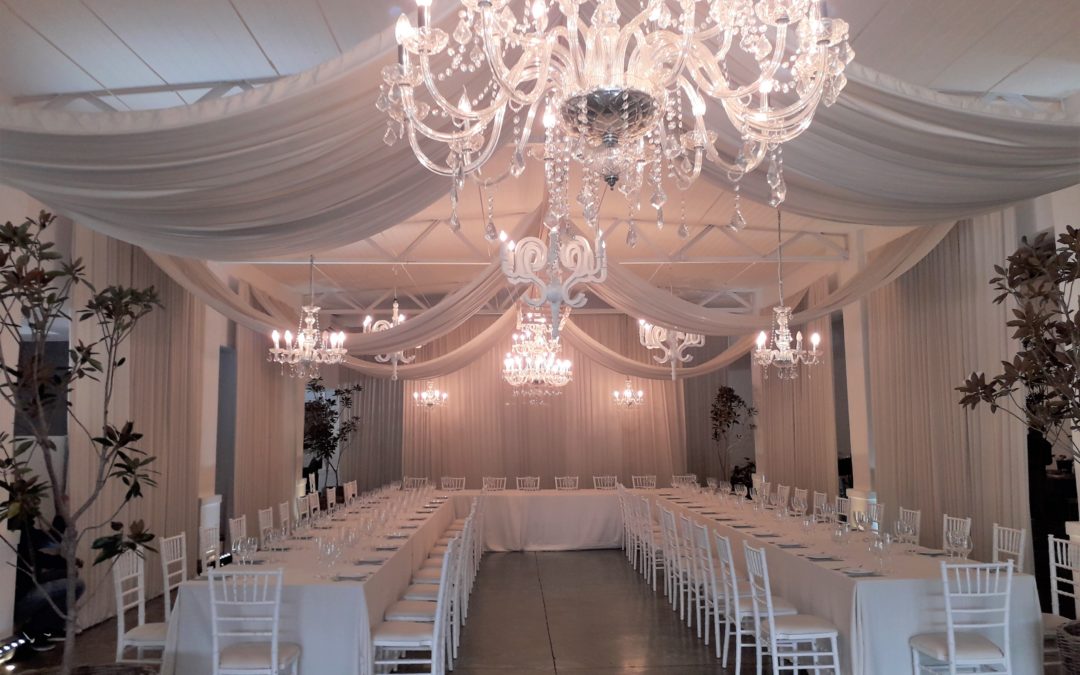 Autumn wedding setup at Molenvliet Estate, Cape Winelands, featuring bespoke draping by The Events Draping Co