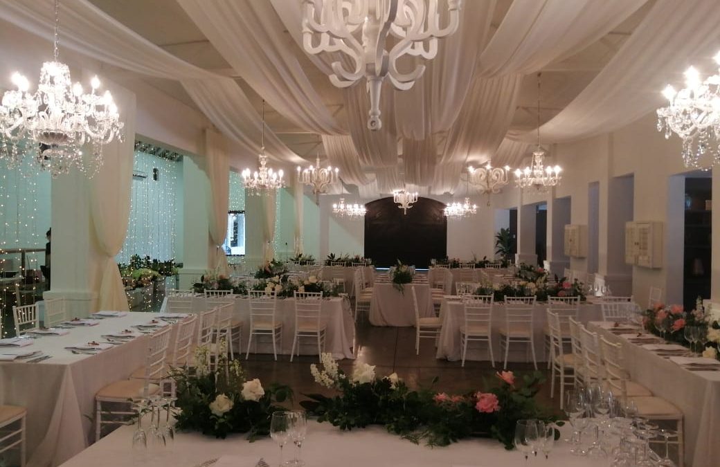 Spring wedding setup at Molenvliet Wine Estate in Stellenbosch, featuring elegant draping by The Events Draping Co.