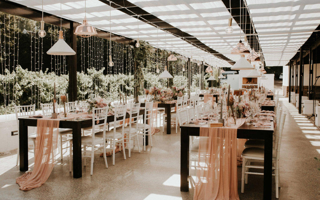 Wedding celebration setup at Molenvliet Wine Estate, Cape Winelands, featuring elegant draping by The Events Draping Co.