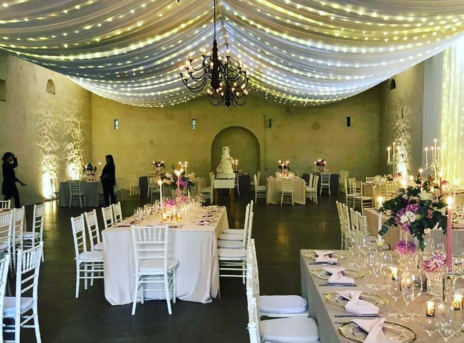 Wedding setup at Nooitgedacht Estate, Stellenbosch, Cape Winelands, featuring elegant draping by The Events Draping Co.
