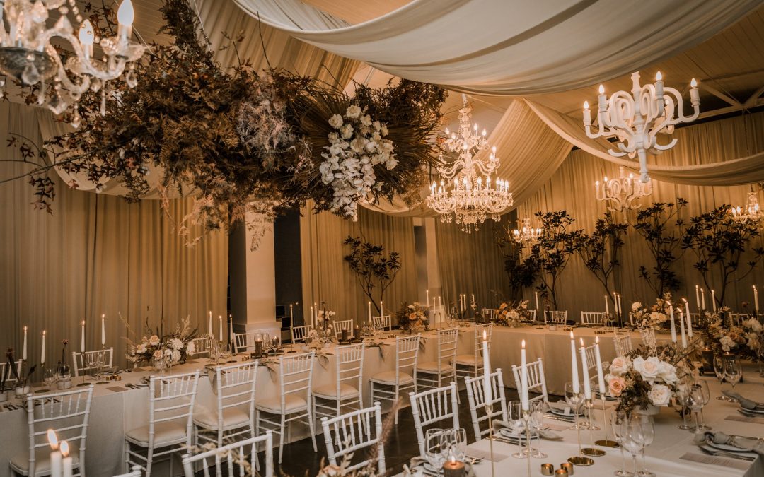 Autumn wedding setup at Molenvliet Estate in Stellenbosch, featuring elegant draping by The Events Draping Co.