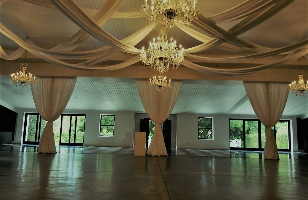 Wedding setup at Brenaissance Wine Estate, Stellenbosch, Western Cape, featuring elegant draping by The Events Draping Co.