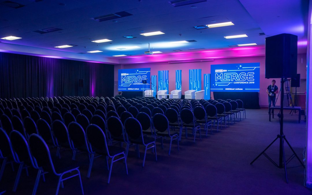 Tech conference setup at The Avenue, V&A Waterfront, featuring elegant draping by The Events Draping Co.