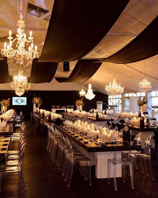 Charity ball setup at The Lookout, V&A Waterfront, Cape Town, featuring elegant draping by The Events Draping Co.