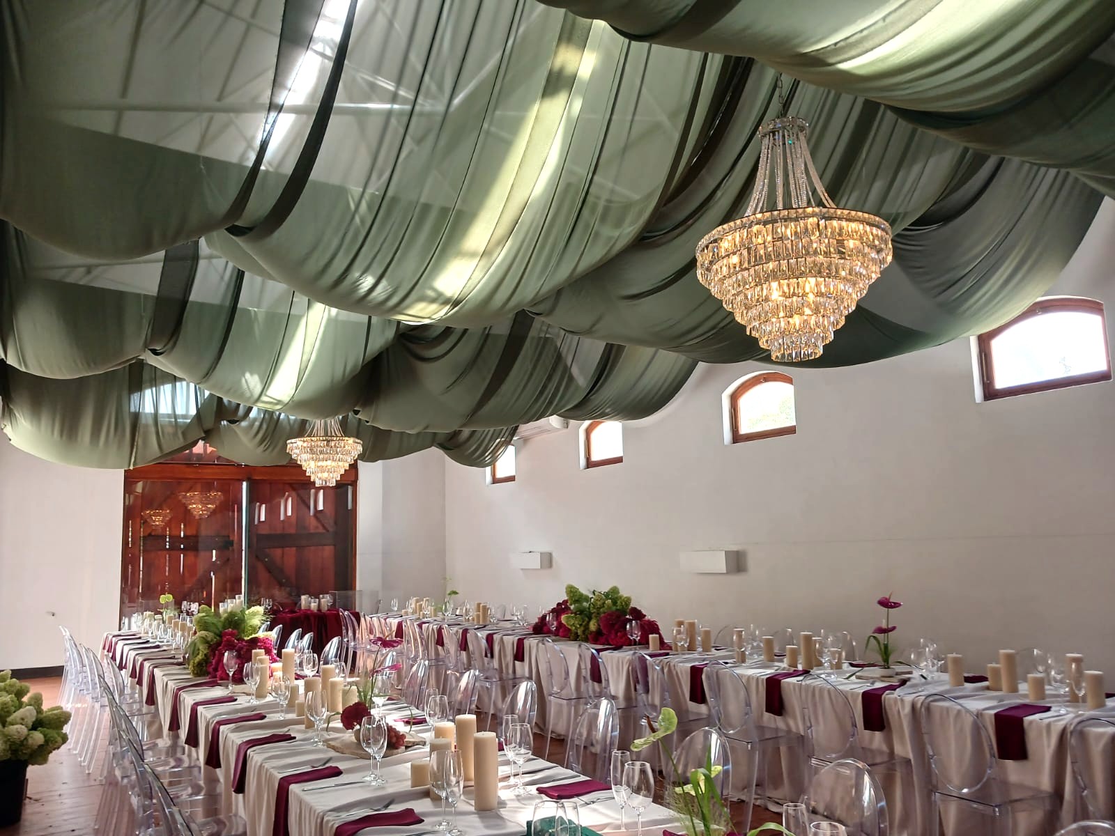 Olive green ceiling draping