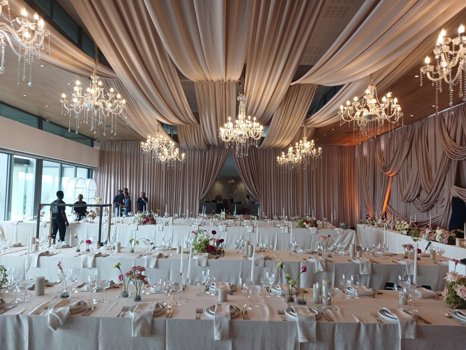 Irregular parallel ceiling strips in taupe by The Events Draping Co.