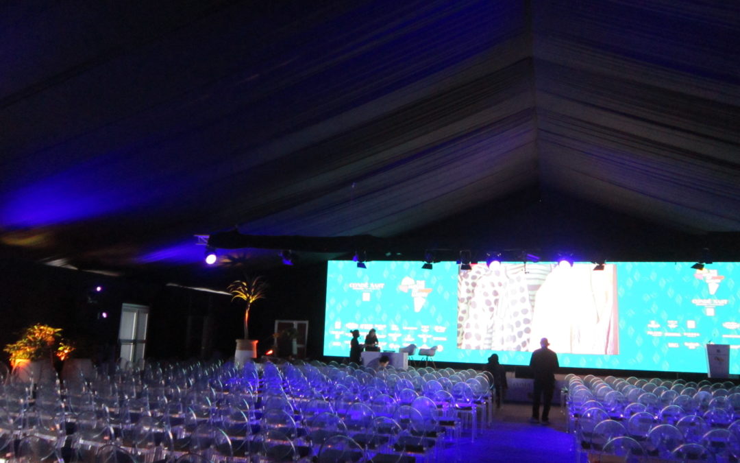 Conference marquee setup at The Lookout, V&A Waterfront, Cape Town, featuring elegant draping by The Events Draping Co.