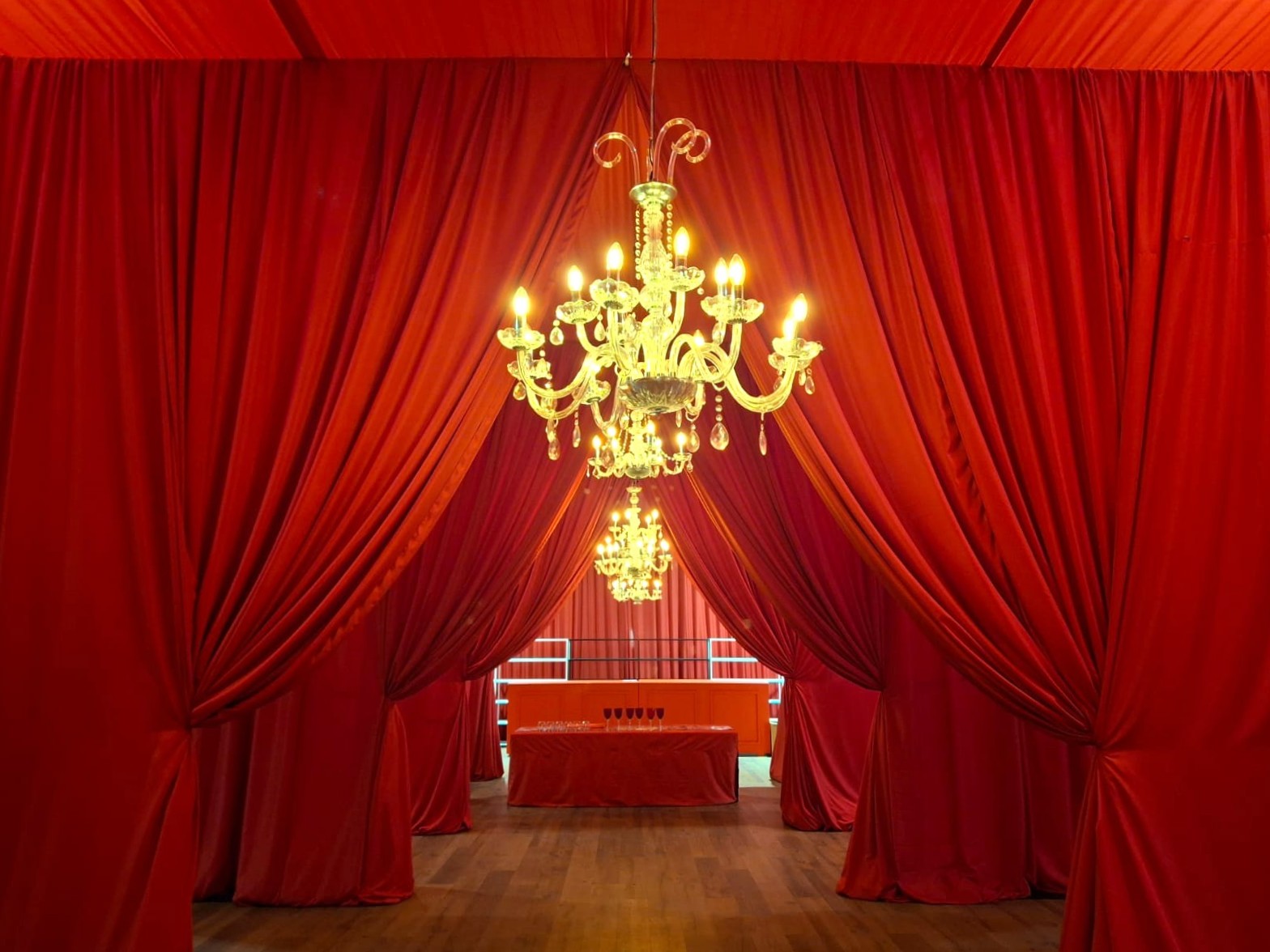 - Series of tie-back feature entrances in red fabric for matric dance