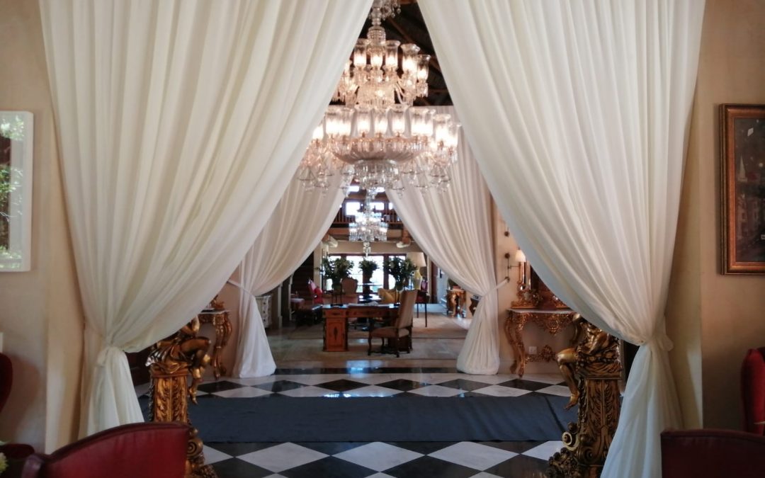 Wedding setup at La Residence, Franschhoek, Cape Winelands, featuring elegant draping by The Events Draping Co.