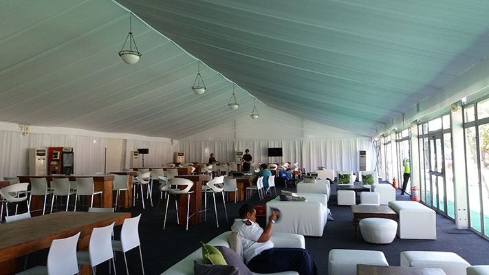 Corporate event setup for the Barmy Army at Newlands, featuring draping on the sides and roof of a large marquee by The Events Draping Co.