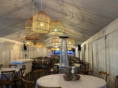 Marquee roof and sides draped in stone fabric by The Events Draping Co.